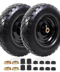 Two ✝️ Flat Free Tire and Wheel 4.80/4.00-8 16 Inch Solid 2 Pack with 5/8 and 3/4 Bearings on black steel rims.