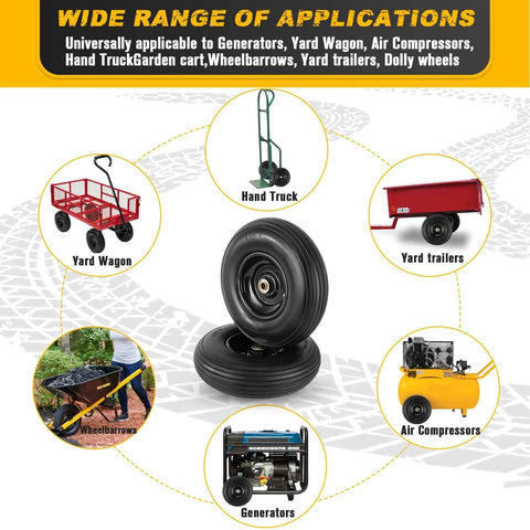 4.00-6 Flat Free Tire and Wheel Set of 2 with 13 inch solid polyurethane tires for yard wagons and hand trucks.