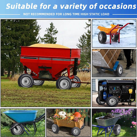 Collage showing various uses of 12 Inch Flat Free Solid Tire and Wheel Assemblies on carts and wheelbarrows