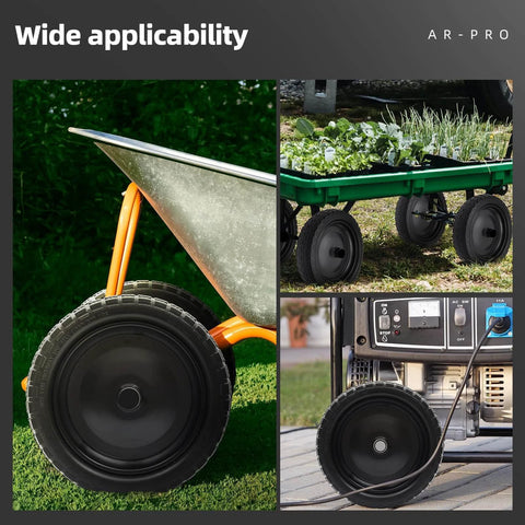 Wide applicability of 4 Pack 13 Inch Flat Free Solid Tire and Wheel with 5/8 Inch Axle Bore for garden wagons and utility carts.