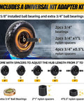 Image showing a flat free tire and wheel 4.80/4.00-8 16 inch solid 2 pack with 5/8 and 3/4 bearings, universal adapter kit included.