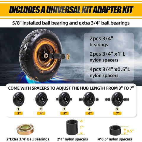 Image showing a flat free tire and wheel 4.80/4.00-8 16 inch solid 2 pack with 5/8 and 3/4 bearings, universal adapter kit included.