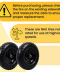 ✝️ Flat Free Tire and Wheel 4.80/4.00-8 16 Inch Solid 2 Pack warnings about use and size measurement for replacement.