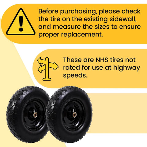 ✝️ Flat Free Tire and Wheel 4.80/4.00-8 16 Inch Solid 2 Pack warnings about use and size measurement for replacement.