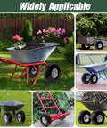 Various garden carts and wheelbarrows with 4.10/3.50-4 tire & wheel flat free, heavy duty solid PU tires on grass and mulch.