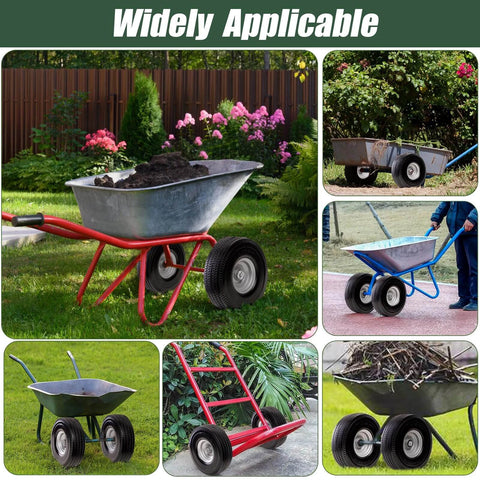 Various garden carts and wheelbarrows with 4.10/3.50-4 tire & wheel flat free, heavy duty solid PU tires on grass and mulch.