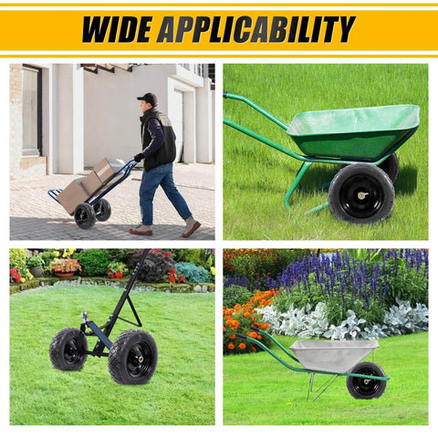 Various garden carts using 4.80/4.00-8" flat free tire and wheel with 5/8" & 3/4" bearings, shown in different outdoor scenarios.