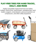 Graphic showing flat-free tires for hand trucks, dollies, wheelbarrows, and utility equipment with various images of equipment.