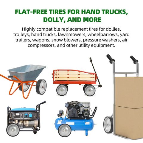 Graphic showing flat-free tires for hand trucks, dollies, wheelbarrows, and utility equipment with various images of equipment.