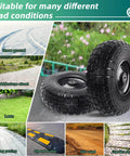 12 Inch Flat Free Solid Rubber Tire and Wheel Set, 410/350-6 Polyurethane Replacement Wheels in various terrain conditions