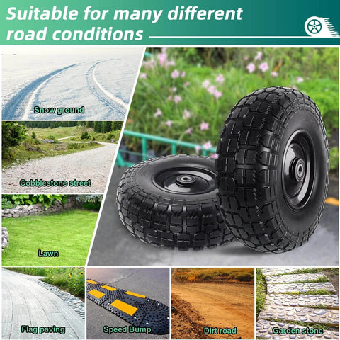 12 Inch Flat Free Solid Rubber Tire and Wheel Set, 410/350-6 Polyurethane Replacement Wheels in various terrain conditions