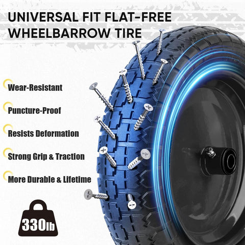 4.80/4.00-8 Flat Free Wheelbarrow Tire and Wheel, 14.5 Inch Solid Polyurethane Replacement with strong traction and durability features.