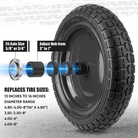 4.80/4.00-8 Flat Free Wheelbarrow Tire and Wheel, 14.5 Inch Solid Polyurethane, steel rim, adjustable hub and bearings