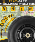 4.00-6 Flat Free Tire and Wheel Set of 2 with 300 lb load capacity, showcasing wear resistant tire design for garden carts.