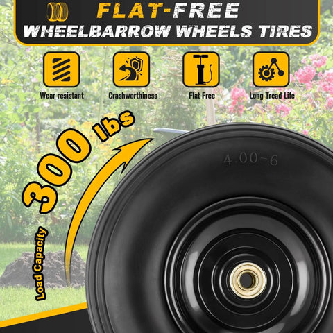 4.00-6 Flat Free Tire and Wheel Set of 2 with 300 lb load capacity, showcasing wear resistant tire design for garden carts.