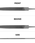 Flat Hand File With Double Cut Teeth For Wood And Metal In High Carbon Steel Designed For Shaping Deburring Smoothing And Finishing Projects Seven Point Five Inch Overall Length Six Inch File Length Six Tenths Of An Inch Wide Without Handle, front, behind, and side views showing double-cut teeth.