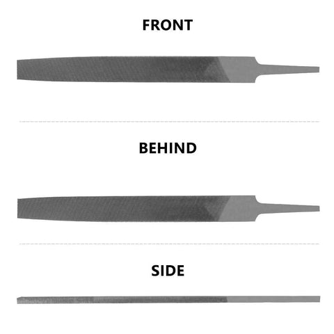 Flat Hand File With Double Cut Teeth For Wood And Metal In High Carbon Steel Designed For Shaping Deburring Smoothing And Finishing Projects Seven Point Five Inch Overall Length Six Inch File Length Six Tenths Of An Inch Wide Without Handle, front, behind, and side views showing double-cut teeth.