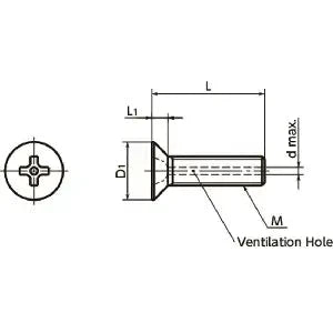 Diagram of ✝️ SVFS-M3-10 NBK Cross Recessed Flat Head Machine Vacuum Vented Screw with ventilation hole dimensions in Japan.