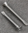 Close-up of 300pcs #8 x 1 Inch Flat Head Self Tapping Sheet Metal Screws Stainless Steel High Strength Quick Self Drilling with deep threads.