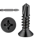 Close-up of 500pcs #8 x 5/8 Inch Flat Head Self Tapping Sheet Metal Screws Black Stainless Steel Drill Bit and Screw Head