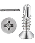 Close-up of 500pcs #8 x 5/8 Inch Flat Head Self Tapping Sheet Metal Screws Stainless Steel High Strength Quick Self Drilling Screws