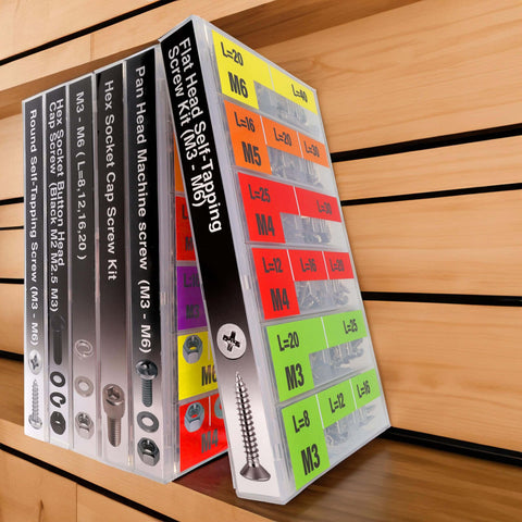 Image of a neatly organized 549 Pcs Metric Self Tapping Screws Assortment Kit with M3 M4 M5 M6 Flat Head Phillips Drive Screws.