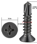 Close-up of a 400pcs #8 x 3/4 Inch Flat Head Self Tapping Sheet Metal Screw, Black Stainless Steel, showing dimensions and deep threads.