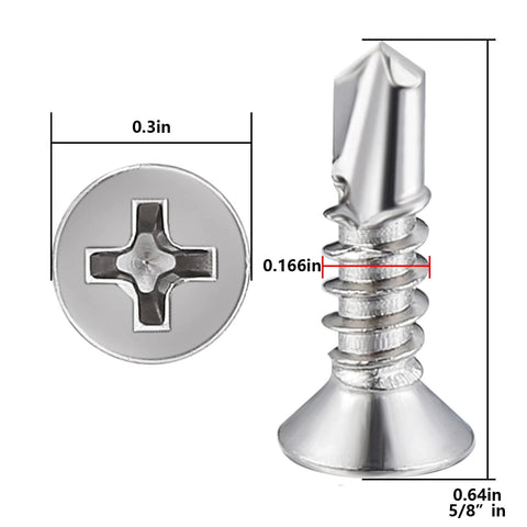 Close-up of 500pcs #8 x 5/8 Inch Flat Head Self Tapping Sheet Metal Screws Stainless Steel High Strength Quick Self Drilling Screws with Deep Threads