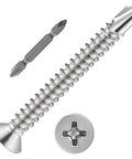 Close-up of 200pcs #8 x 1-1/2 Inch Flat Head Self Tapping Sheet Metal Screws Stainless Steel with deep threads and drill tip