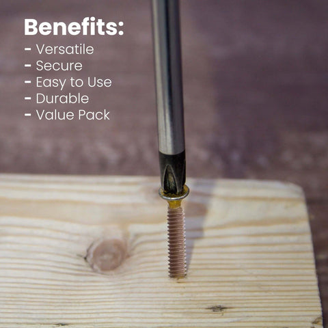 Close-up of self drilling wood to metal screws with flat Torx head for attaching wood to metal, quarter inch by twenty threads.