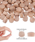 Flat Head Wood Plugs Set, 100 Pcs Three Eighths Inch Screw Hole Plugs shown with hand holding one plug and measurements.