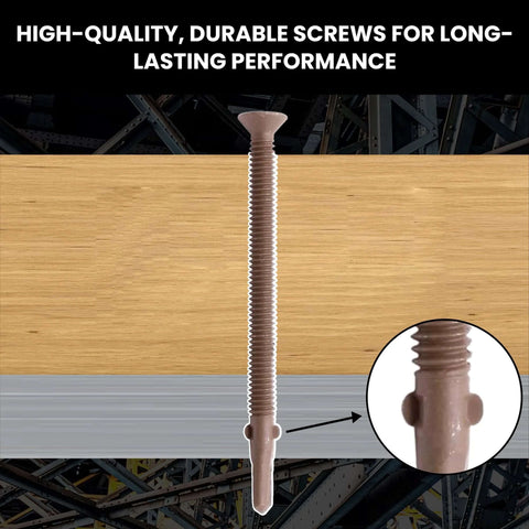 Self Drilling Wood To Metal Screws With Flat Torx Head Reamer For Attaching Wood To Metal, Quarter Inch By Twenty Threads, Four And Three Quarter Inch Length, Wings Tek Screws For A Tight Grip, Pack Of Ten U Turn Fasteners shown against wood and metal