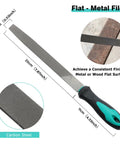 Flat metal file from 4 Piece Metal File Set with 8 inch hand files and handles plus 12 sheets sandpaper for metalworking and shaping