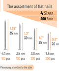 600 Piece Nail Assortment Kit Silver Nails In 4 Sizes For Hanging Pictures And Finishing Nails with measurements and quantities
