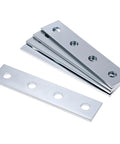 Stack of nine piece flat plate connector bracket set for one half inch bolts in one five eighth inch strut channel four hole design thick 5mm steel