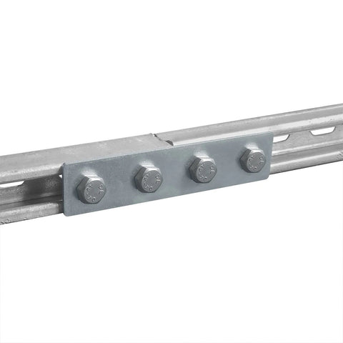 Nine piece four hole flat plate connector set for 1-5/8 inch strut channel, image shows one bracket installed on channel.