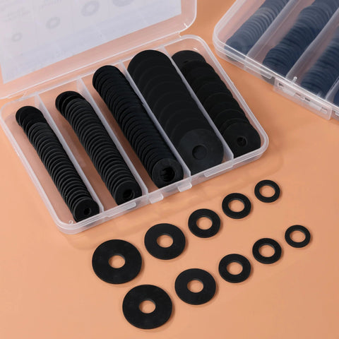 120Pcs Flat Rubber Washers Set in 5 Sizes 16 18 20 25 30mm Black Sealing Washers in storage box, assorted sizes displayed on table