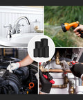 Set of 120Pcs Flat Rubber Washers in 5 sizes for plumbing, faucet, hose and hardware repairs, shown with various DIY uses.