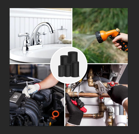 Set of 120Pcs Flat Rubber Washers in 5 sizes for plumbing, faucet, hose and hardware repairs, shown with various DIY uses.
