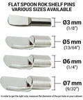 Twenty Five Pack One Eighth Inch Spoon Shaped Cabinet Shelf Pins Heavy Duty Metal With Nickel Finish, size options shown in image.