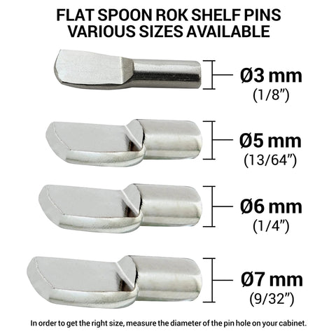 Twenty Five Pack One Eighth Inch Spoon Shaped Cabinet Shelf Pins Heavy Duty Metal With Nickel Finish, size options shown in image.