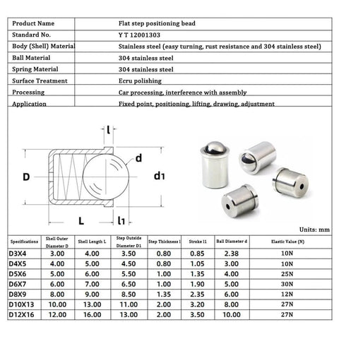 Diagram and specifications of 2x3mm Ball Plunger Set with 304 Stainless Steel Spring Loaded Ball Detent Plungers and 5N Elasticity.