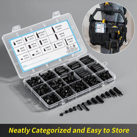 580 PCS M3 Black Nylon Standoff Kit with Spacers, Screws, Nuts in plastic organizer box for circuit boards