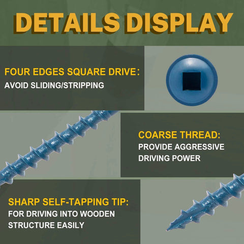 Details of Pocket Hole Screws 2-1/2 Inch, 300 PCS Exterior Pocket Screw #8 x 2-1/2" with square drive and coarse thread.