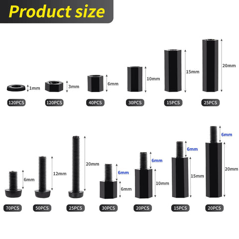 580 PCS M3 Black Nylon Standoff Kit with Spacers, Screws, and Nuts - product size comparison with dimensions and piece count