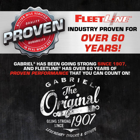 Brand graphic highlighting Gabriel and Fleetline's proven performance in shocks since 1907 over 60 years, durability emphasis.