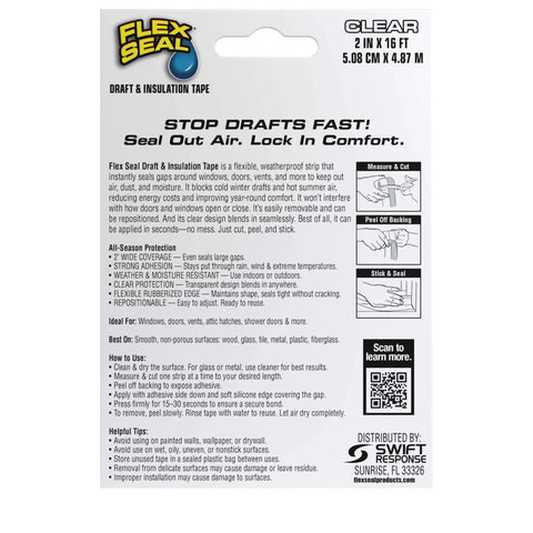 Back packaging of Flex Seal Draft and Insulation Sealing Tape, Flexible, Rubberized, Weatherproof Strip for Windows and Doors, Clear, 2 in x 16 ft
