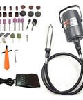 Flexible Shaft Grinder Carver Rotary Tool Set with hanging motor and 30 piece attachments for carving, buffing, drilling, and polishing.