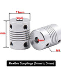 5mm to 5mm flexible aluminum couplings set for NEMA 17 stepper motors, 5 pieces, durable with smooth torque transfer, CNC and 3D printer compatible