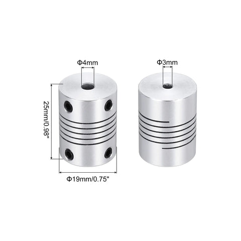 Flexible Aluminum Shaft Coupler 3mm To 4mm Bore 25mm Length 19mm Outer Diameter 2 Pack For 3D Printer CNC Machines Encoders And Motors DIY Projects Silver